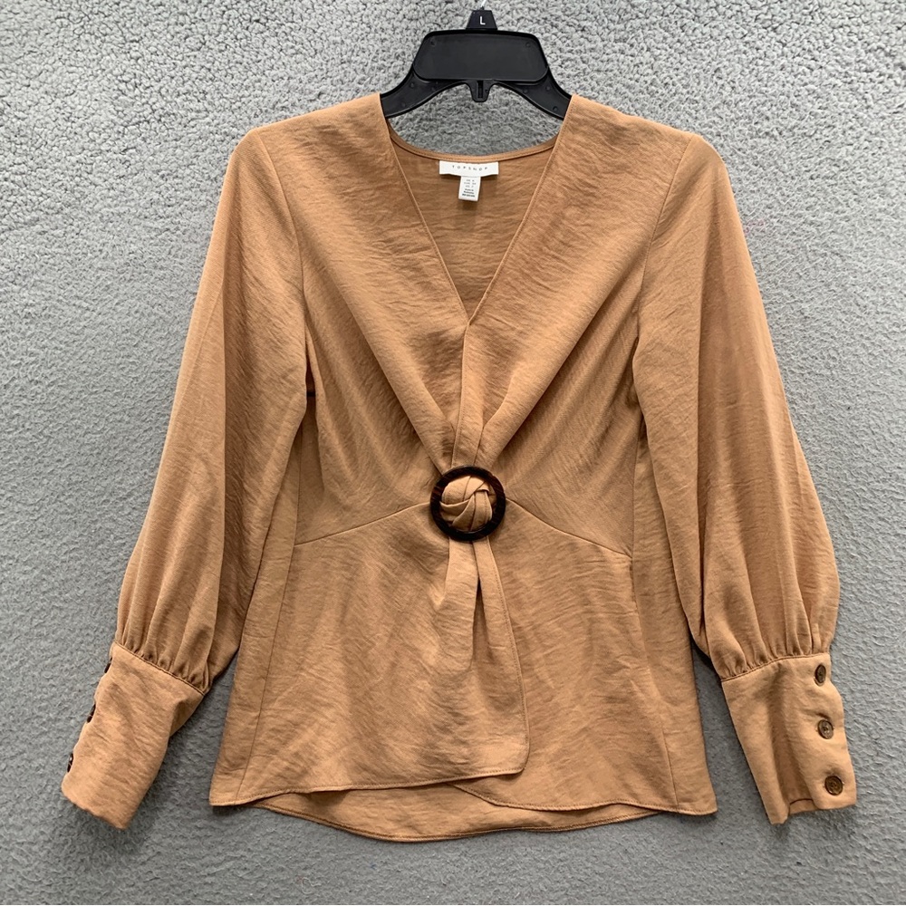 Topshop Top Women 2 Tan Long Sleeve Tie Front Buckle V-Neck Button Casual Sleeve